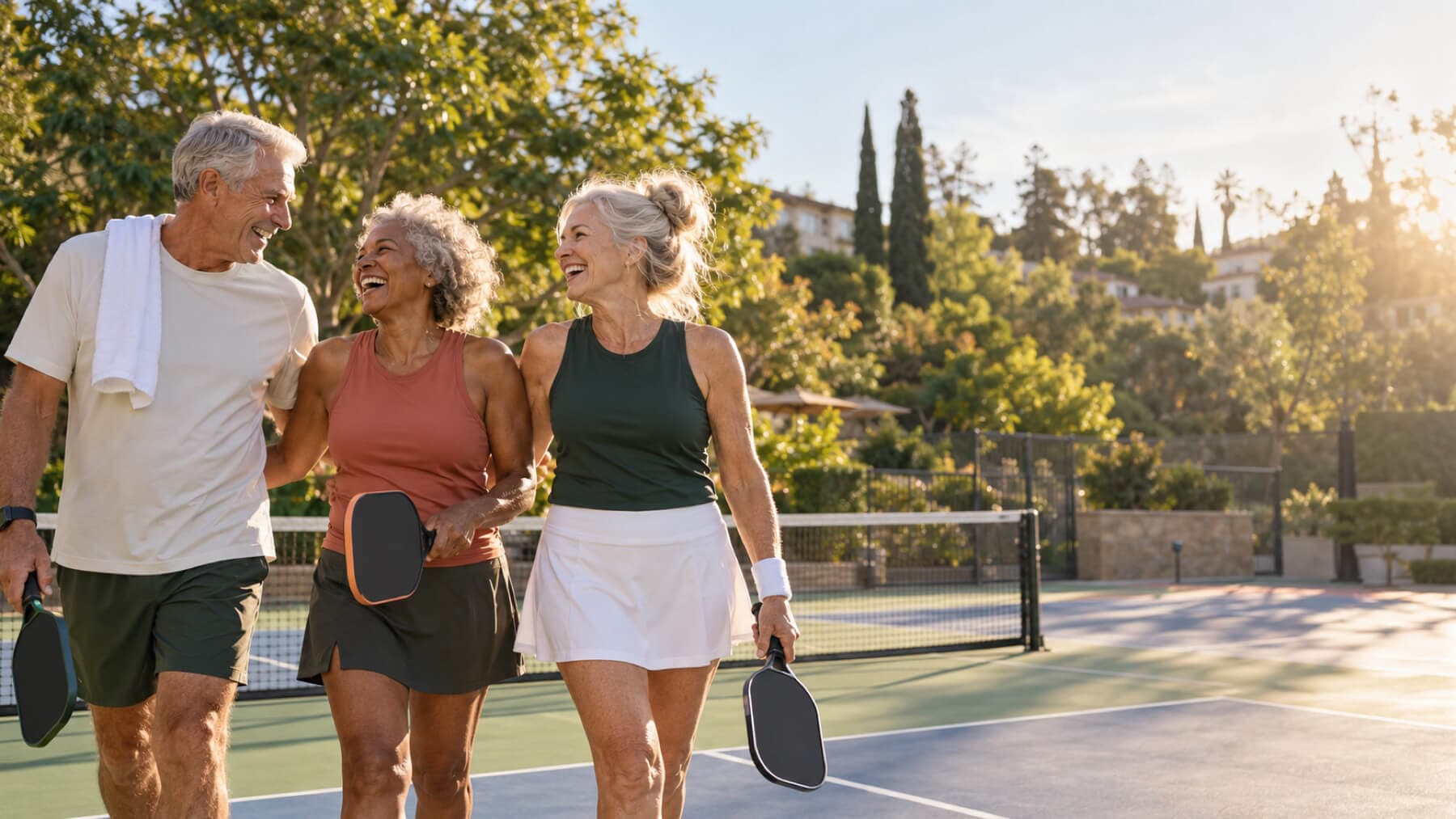 Three friends walking off a pickleball court, rackets in hand